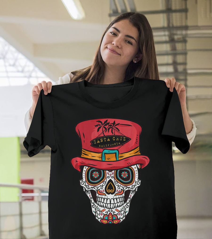 Santa Cruz California Sugar Skull Souvenir with Red Hat and Tropical Palm Trees T-Shirt