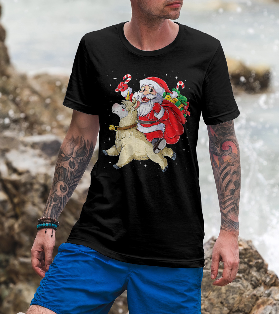 Fa La La Llama Christmas Santa Riding Llama With Candy Canes And Gifts T-Shirt