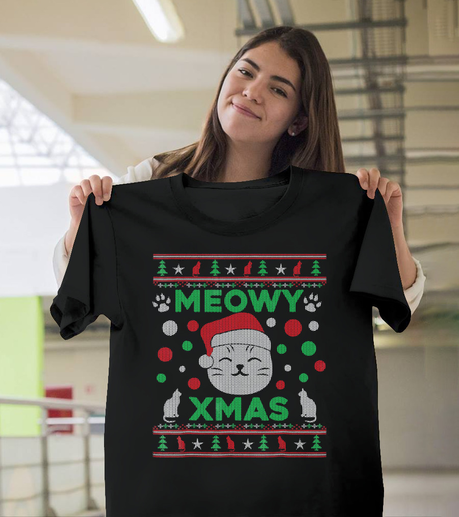 Meowy Xmas Ugly Christmas Santa Cat Paw Trees Stars T-Shirt