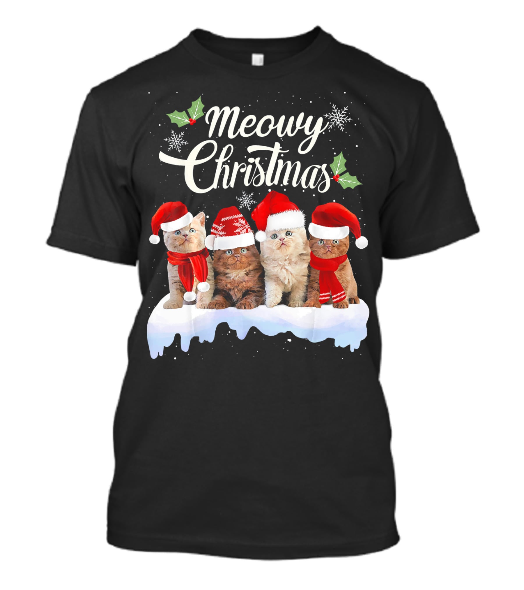 Meowy Christmas Kitten Cat Kitty Snowflake Santa Hat Holly T-Shirt