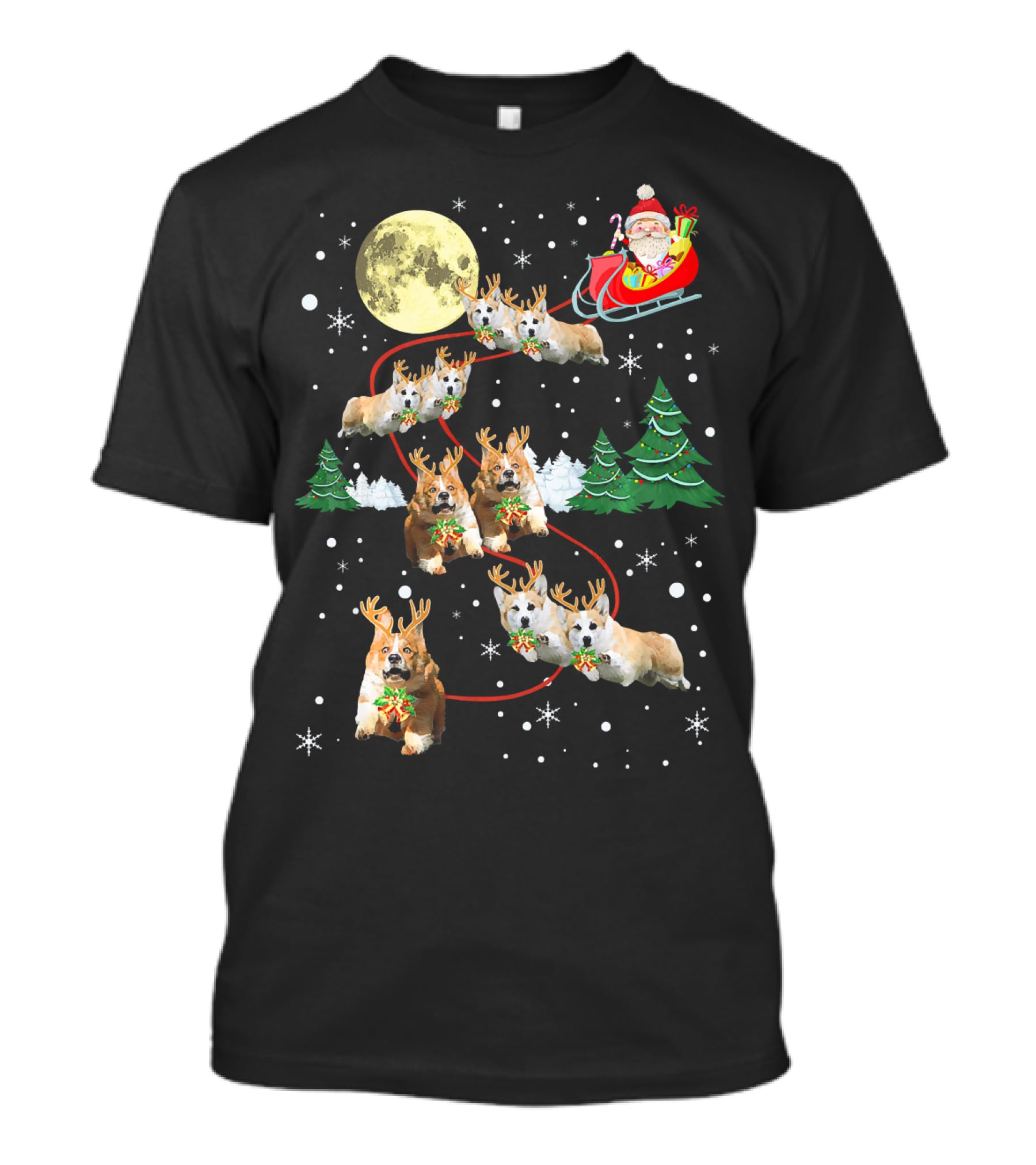 Reindeer Corgi Christmas Santa Sleigh Moon Trees Snowflakes T-Shirt