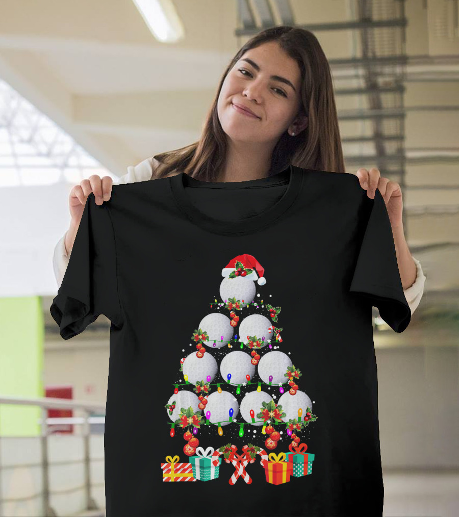 Golf Ball Christmas Tree Santa Hat Holiday Gifts T-Shirt