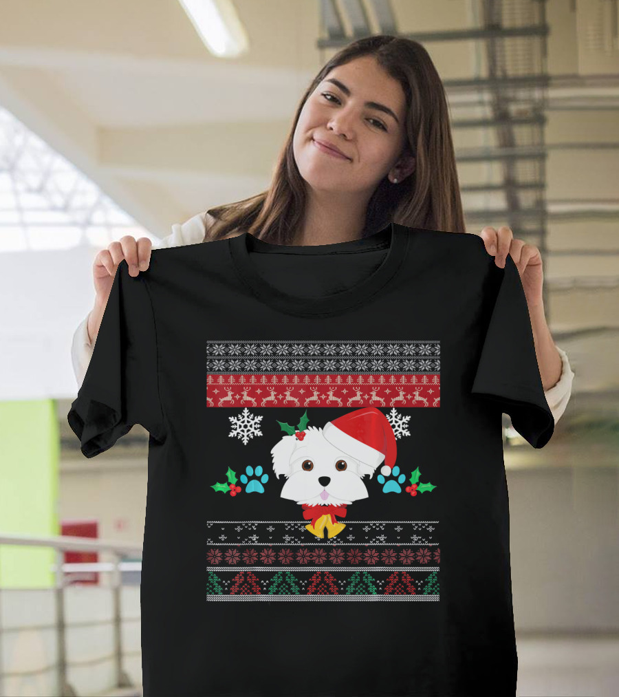 Maltese Dog Santa Hat Ugly Christmas Sweater Pattern Snowflakes Hollys Paws T-Shirt