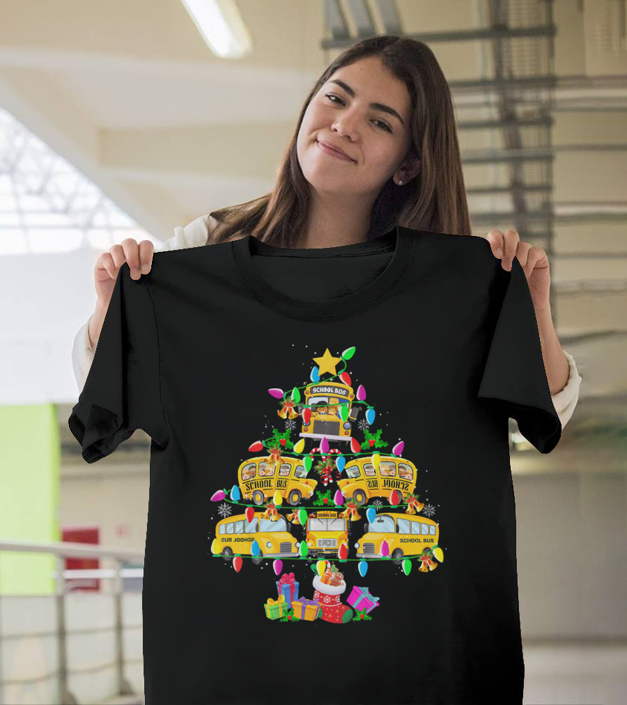 School Bus Driver Holiday Tree With Festive Lights And Gifts T-Shirt
