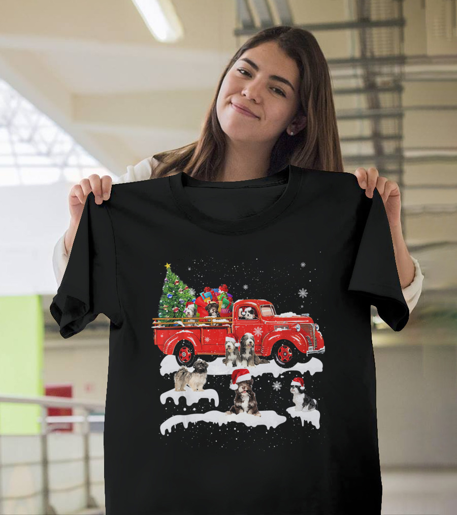 Tibetan Terrier Santa Hats Riding Red Truck with Christmas Tree and Gifts Snowflakes T-Shirt