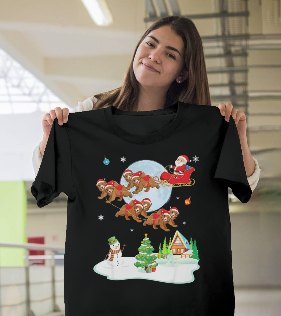 Santa Claus Sleigh with Bears and Snowman by Moonlit Cabin Noel T-Shirt