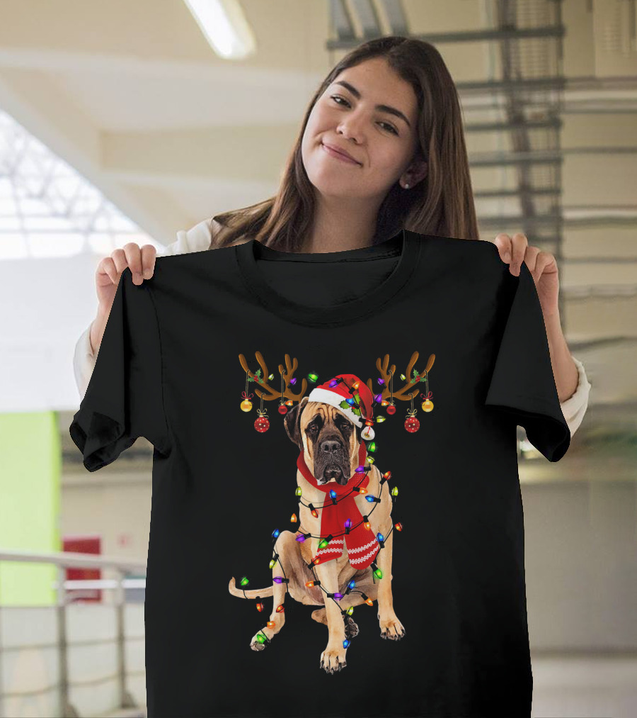 English Mastiff Christmas Lights Reindeer Antlers Santa Hat Scarf T-Shirt