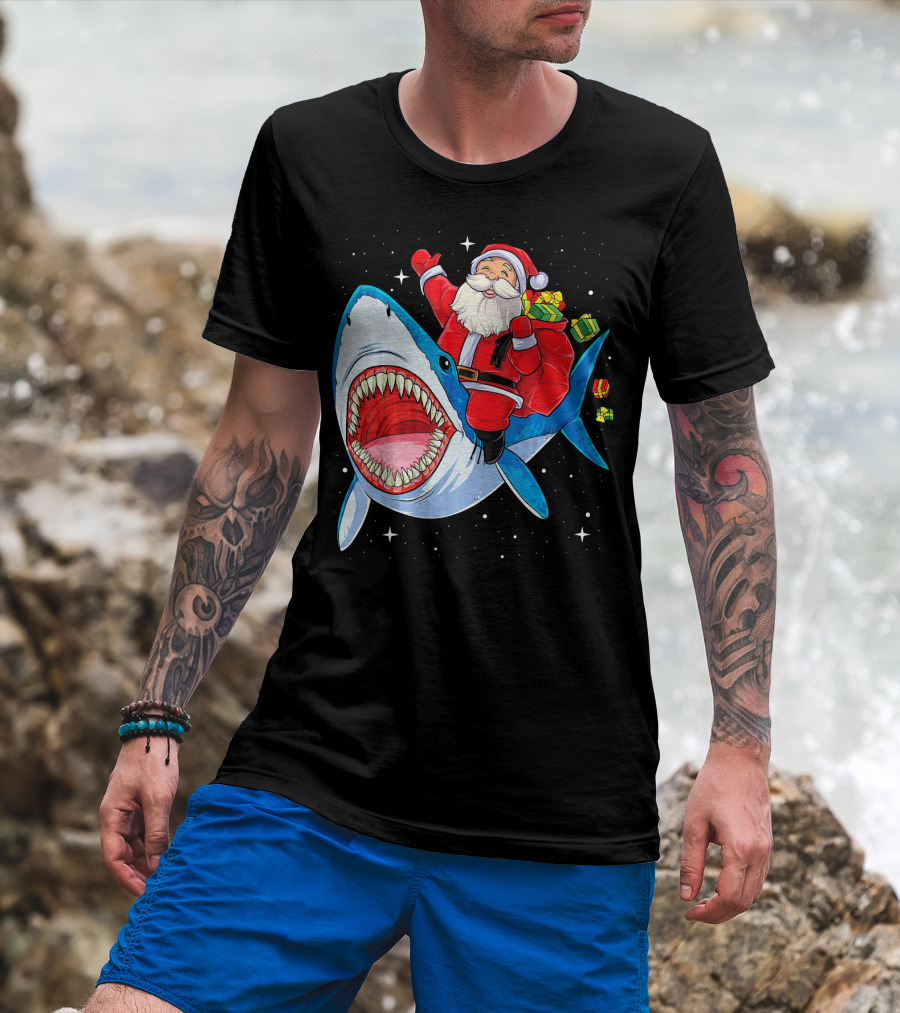 Christmas Kids Santa Riding Shark With Gifts T-Shirt