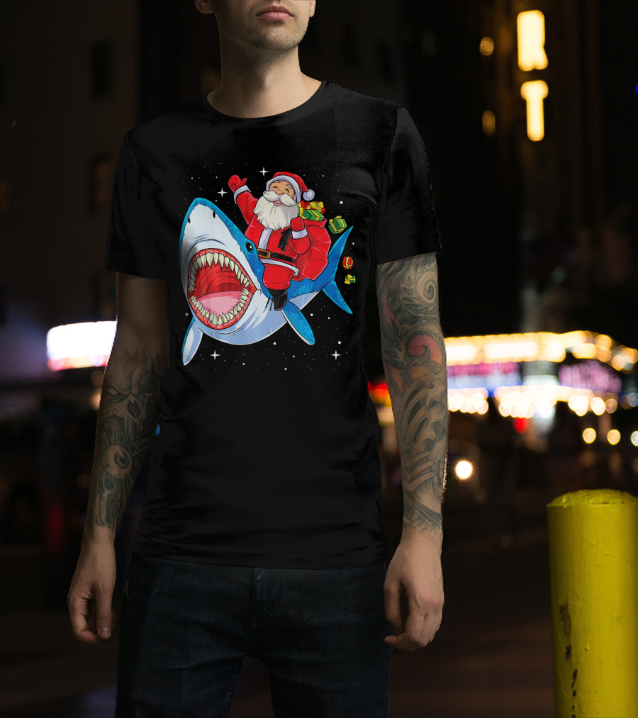 Christmas Kids Santa Riding Shark With Gifts T-Shirt