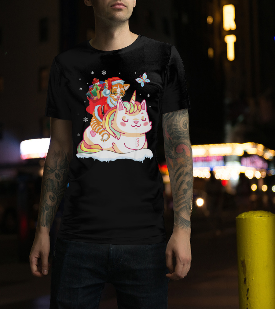 Santa Cat Riding Unicorn With Christmas Presents And Butterfly T-Shirt