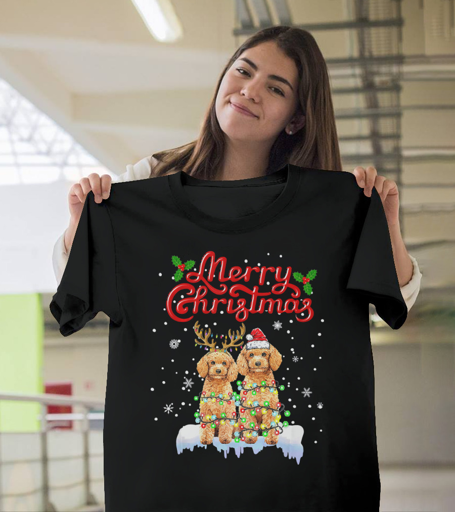 Merry Christmas Poodle Lights Funny Dog Matching T-Shirt
