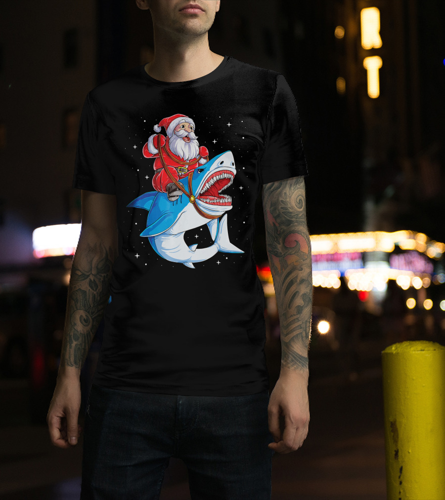 Santa Riding Shark Christmas Boys Santa Shark T-Shirt