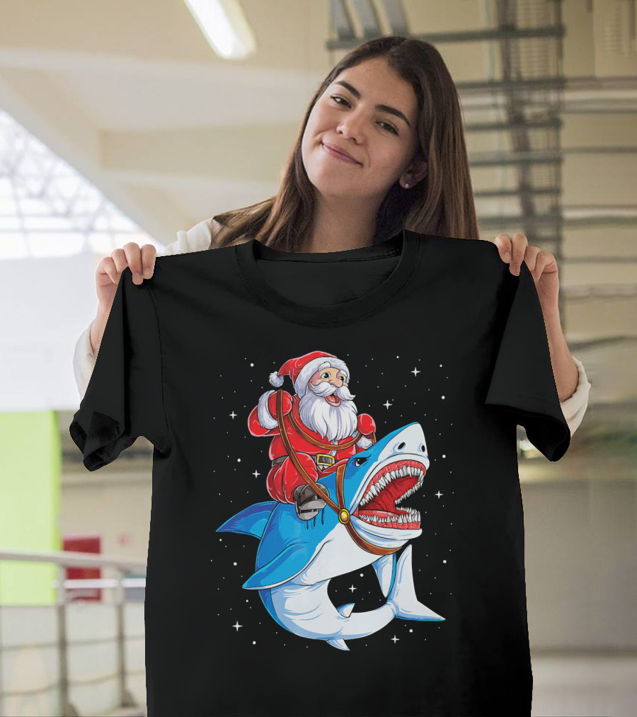 Santa Riding Shark Christmas Boys Santa Shark T-Shirt