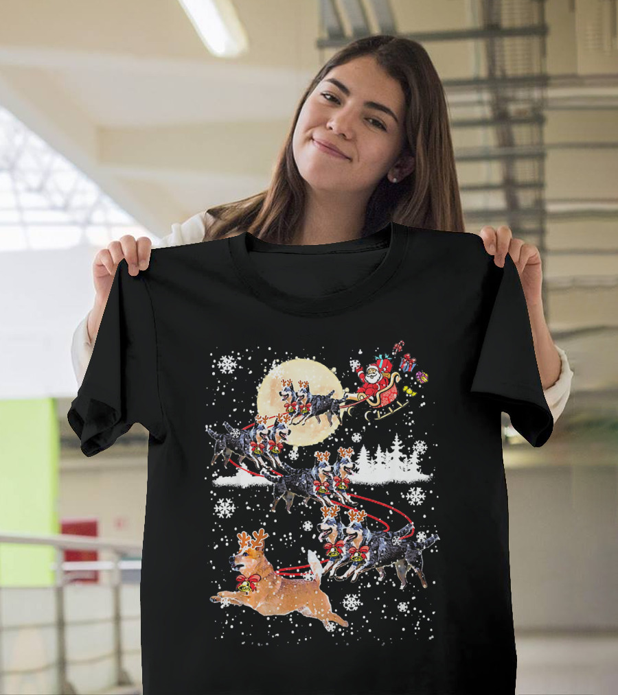 Heeler Reindeer Santa Sleigh Christmas Moon Dog T-Shirt