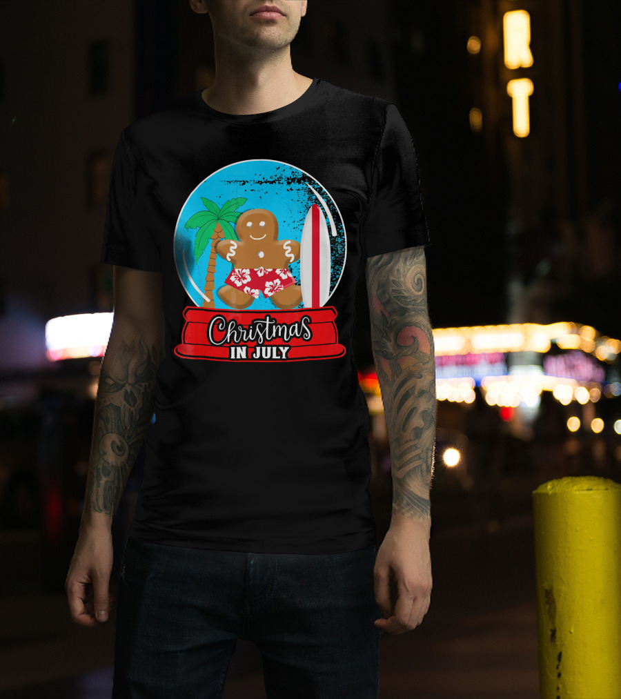 Christmas In July Surfing Gingerbread Snow Globe T-Shirt