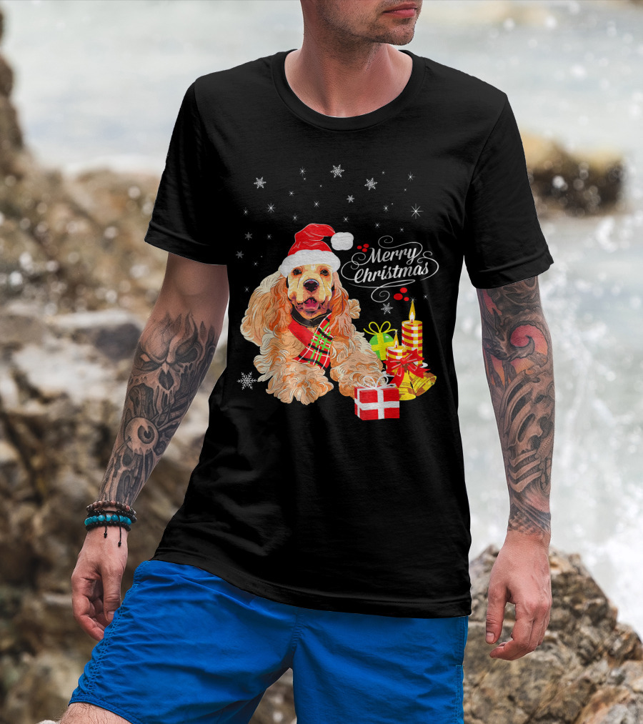 Cocker Spaniel Merry Christmas Santa Hat Candles Gifts Snowflakes T-Shirt