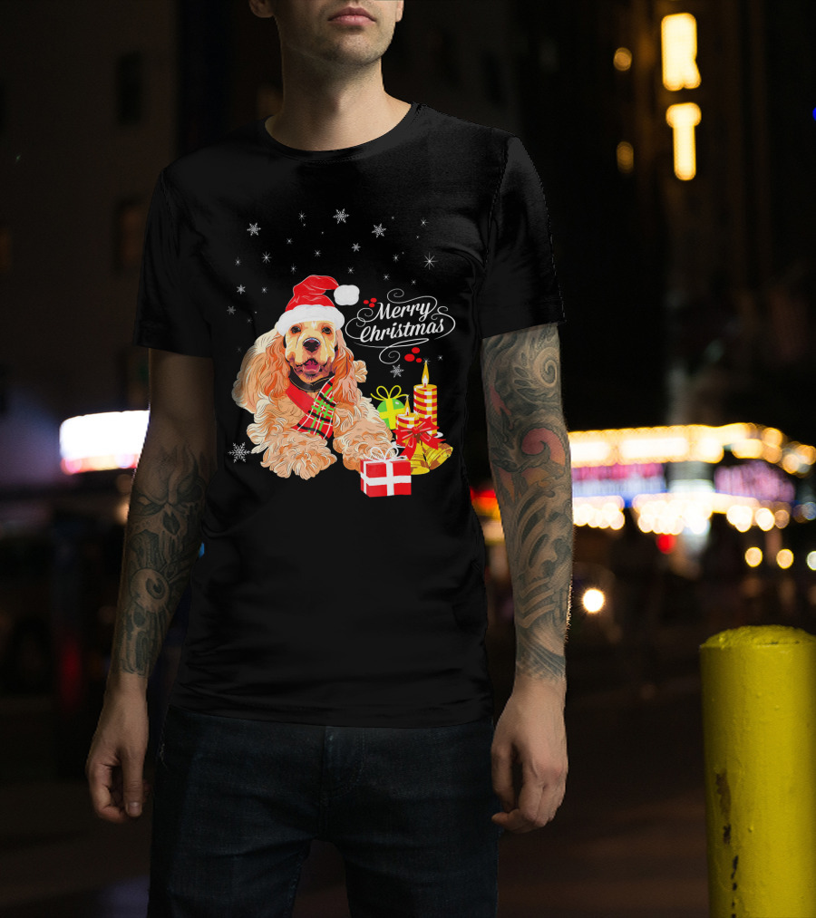 Cocker Spaniel Merry Christmas Santa Hat Candles Gifts Snowflakes T-Shirt