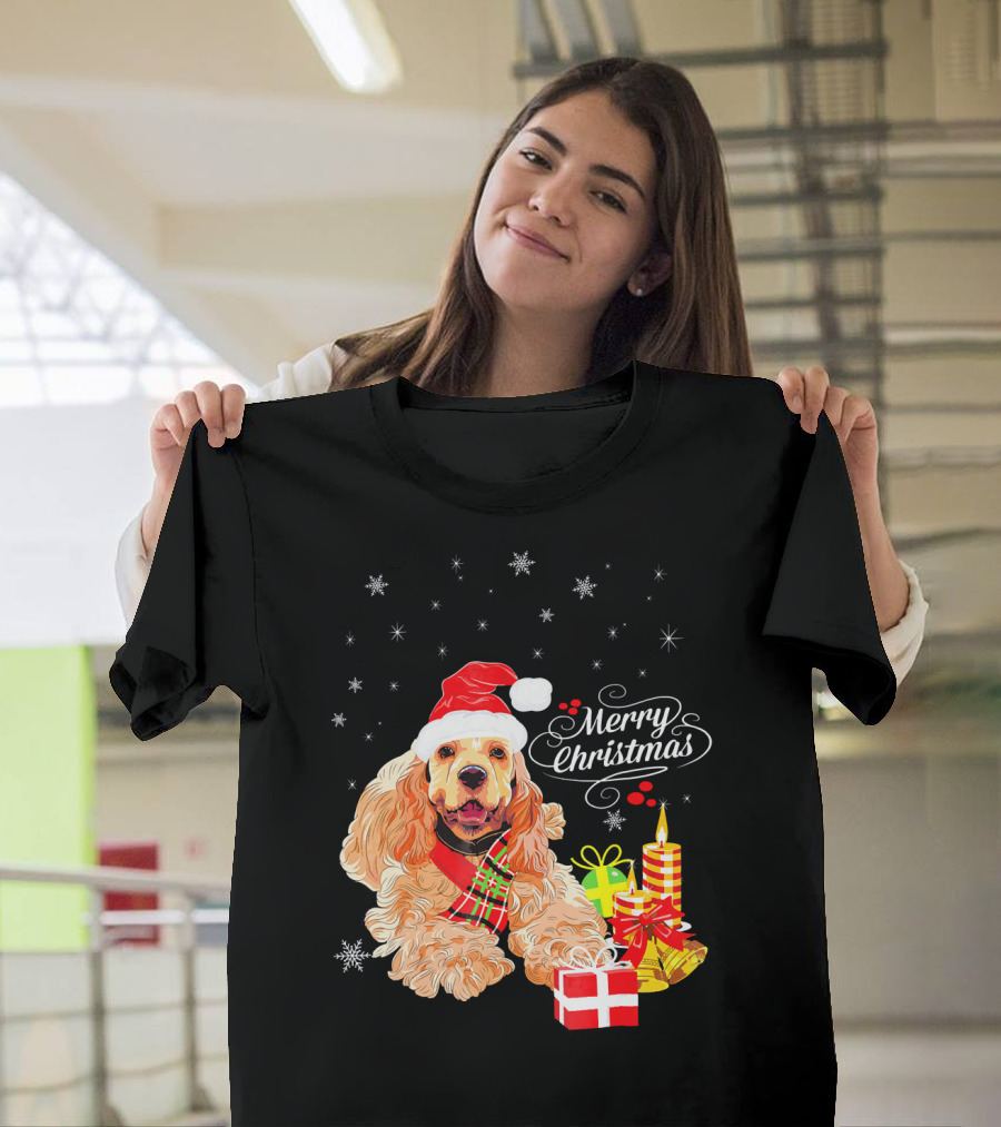 Cocker Spaniel Merry Christmas Santa Hat Candles Gifts Snowflakes T-Shirt