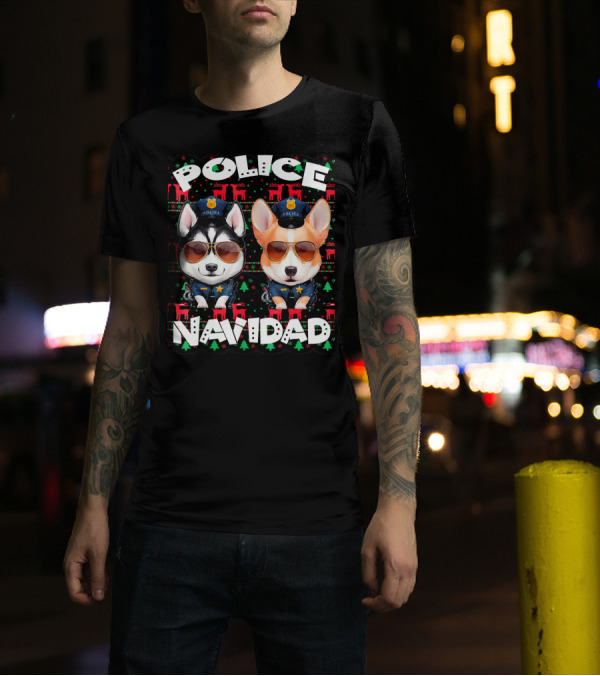 Police Navidad Ugly Christmas Dog Cops With Sunglasses T-Shirt