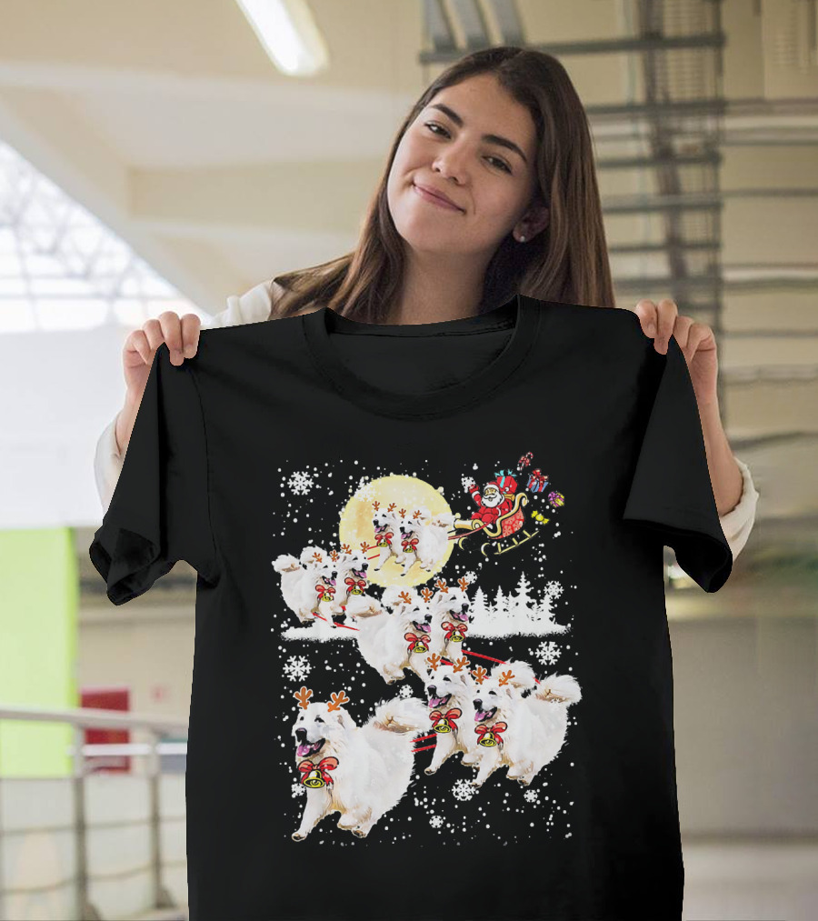 Great Pyrenees Reindeer Santa Christmas With Sleigh And Snowflakes T-Shirt