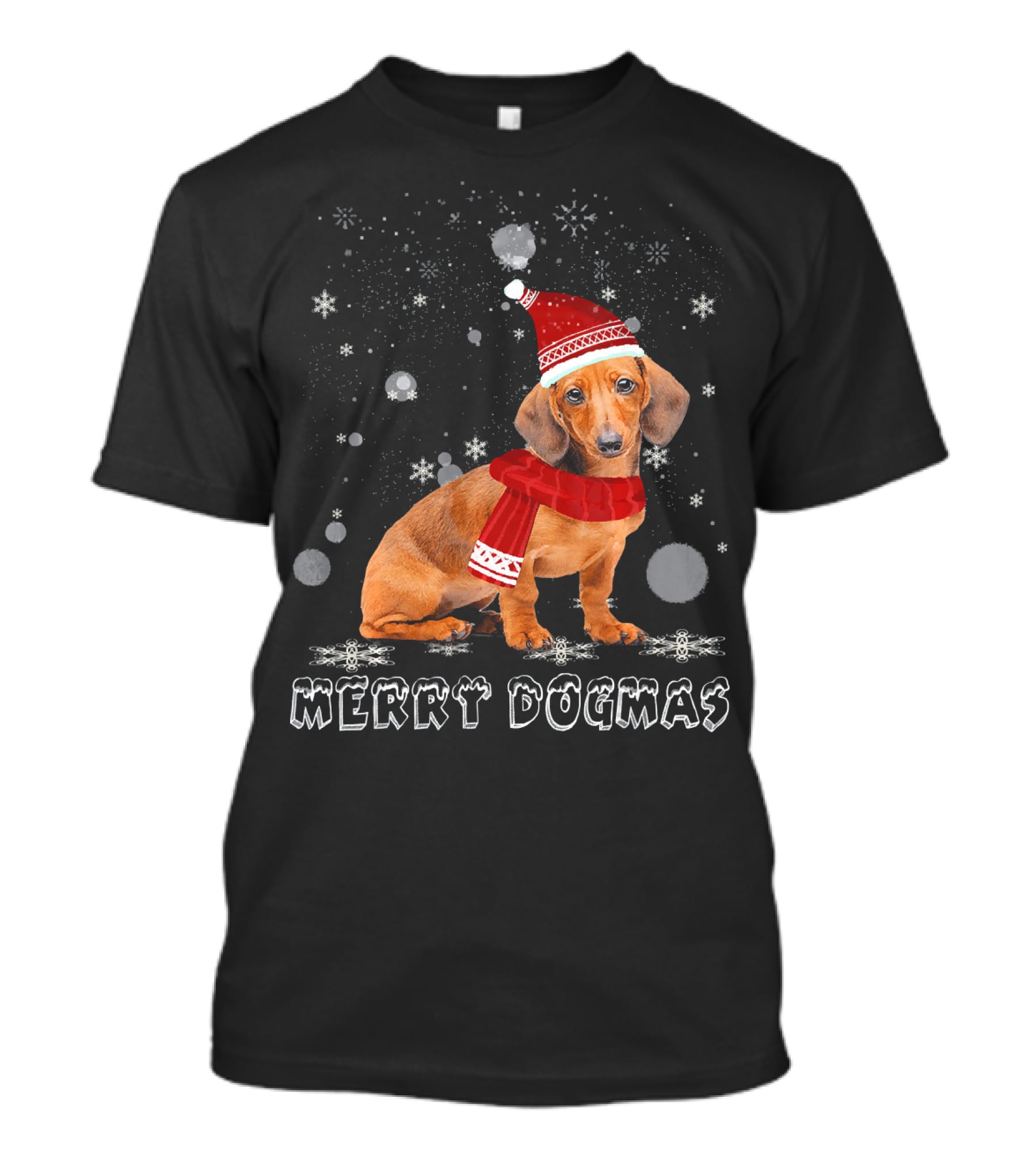 Merry Dogmas Dachshund Dog In Snow With Santa Hat And Scarf T-Shirt