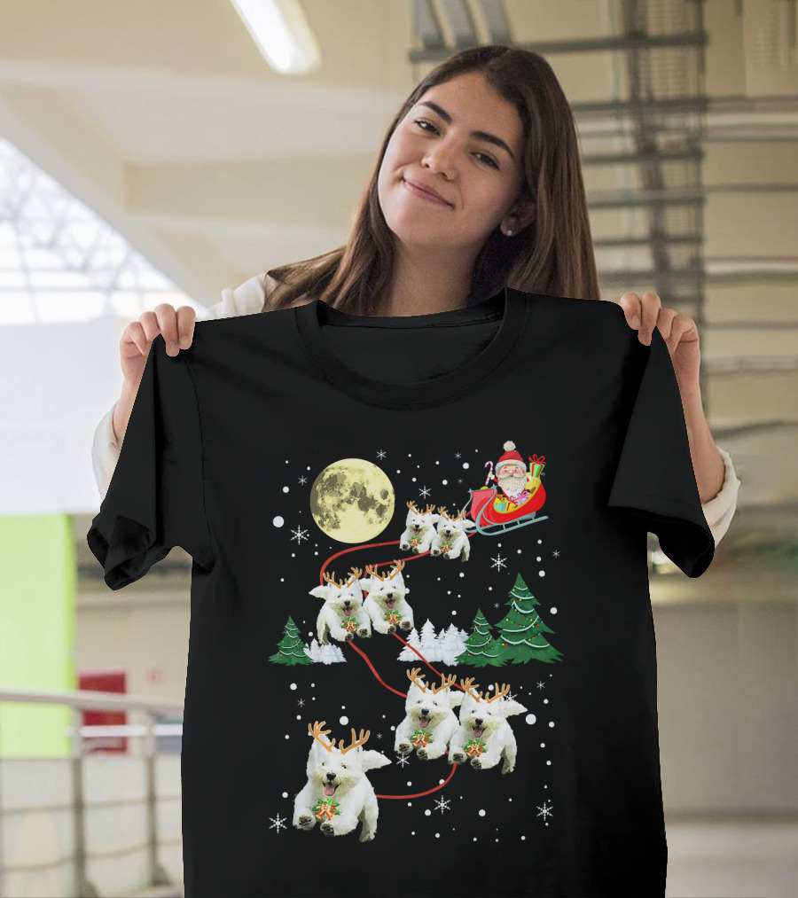 Santa Sleigh With Westie Reindeer Christmas Moon And Trees T-Shirt