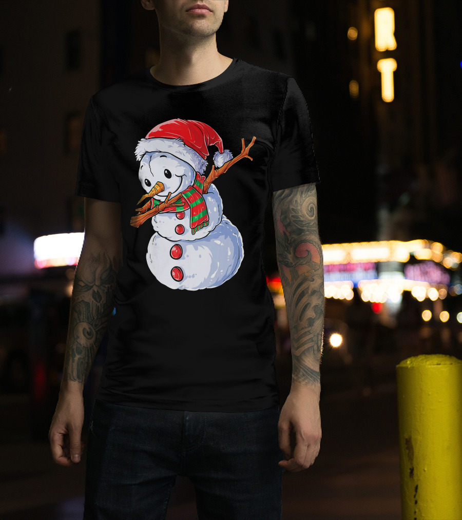 Festive Snowman With Santa Hat And Striped Scarf T-Shirt