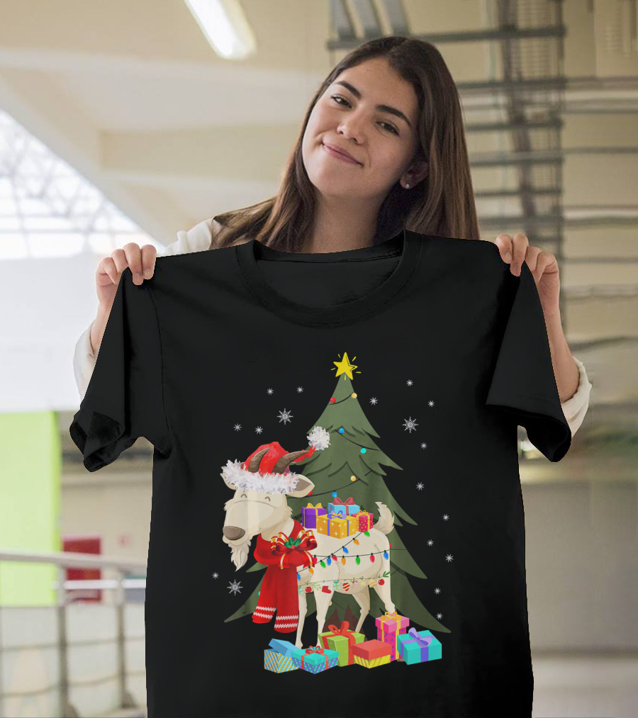 Goat Christmas Lights Funny Goat Santa Hat Presents Tree Snowflakes T-Shirt