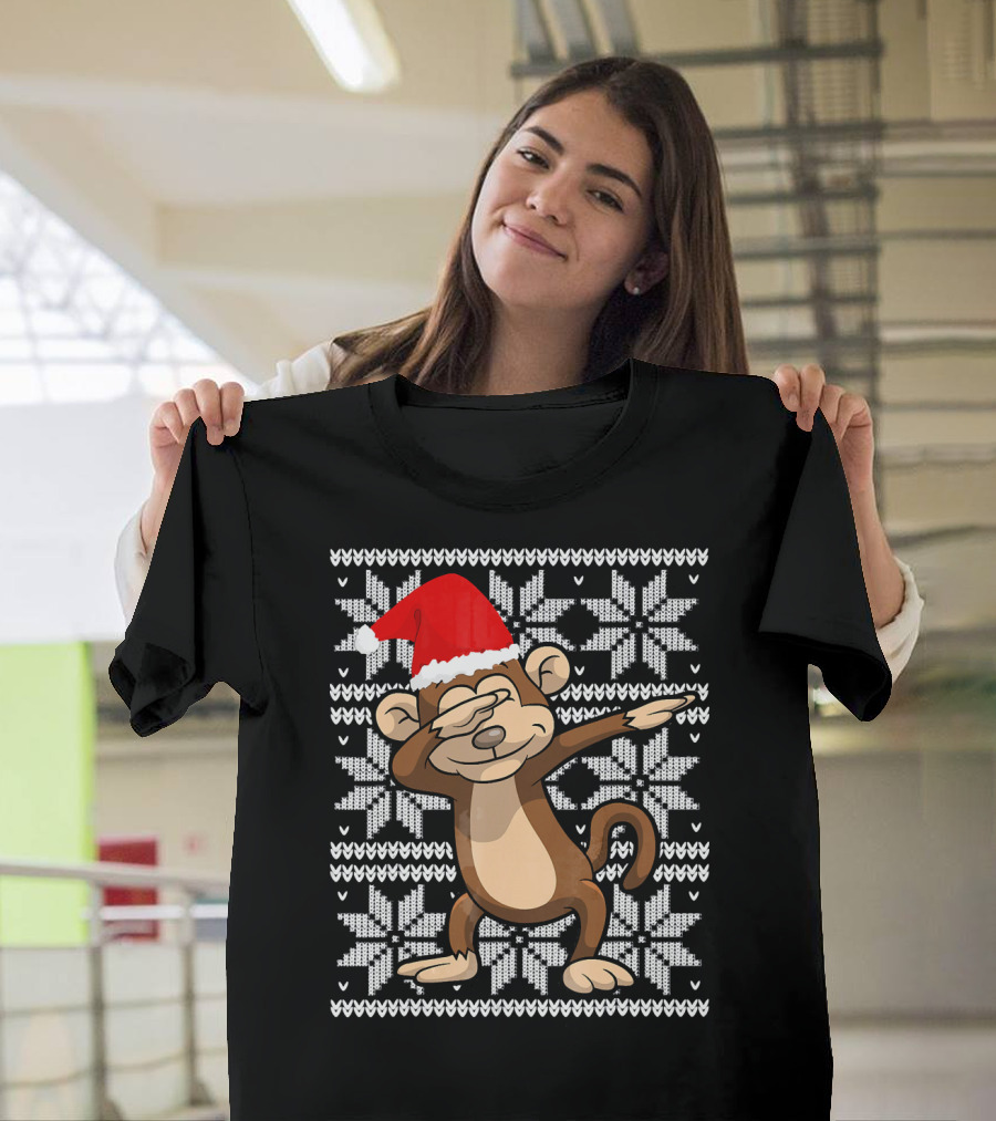 UGLY CHRISTMAS Dabbing Monkey Dab Santa Hat Snowflake T-Shirt