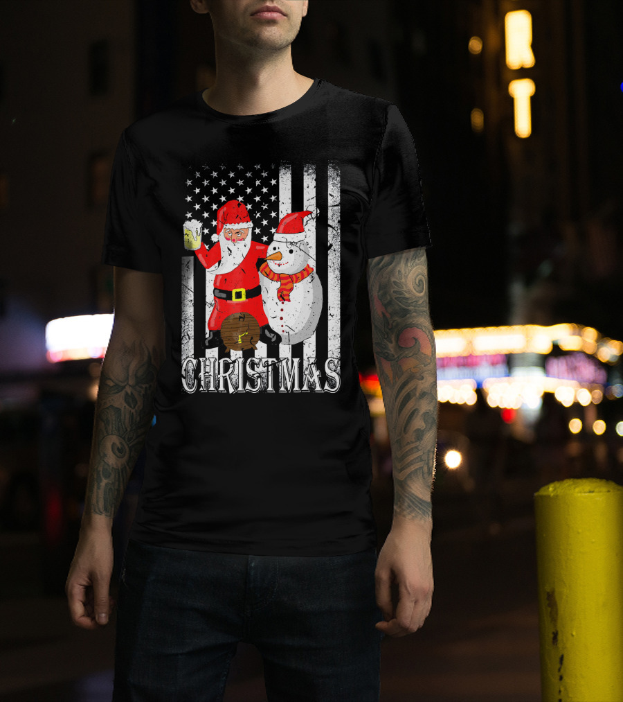 Christmas Santa Claus Snowman With Beer American Flag T-Shirt