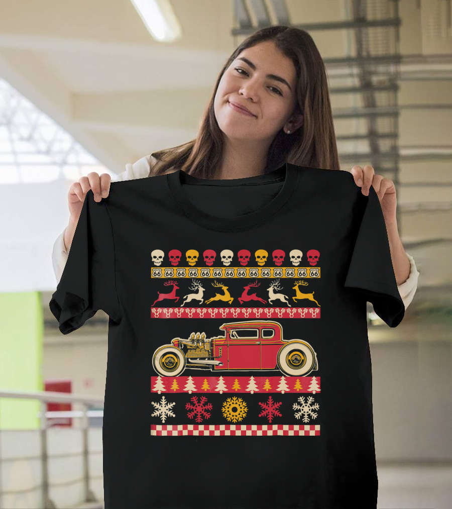 Rat Rod Christmas Party Skull Route 66 Reindeer Snowflakes Checkerboard T-Shirt