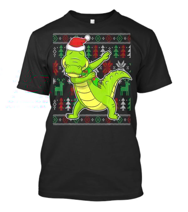 Ugly Christmas Dabbing Alligator Santa Hat Festive T-Shirt