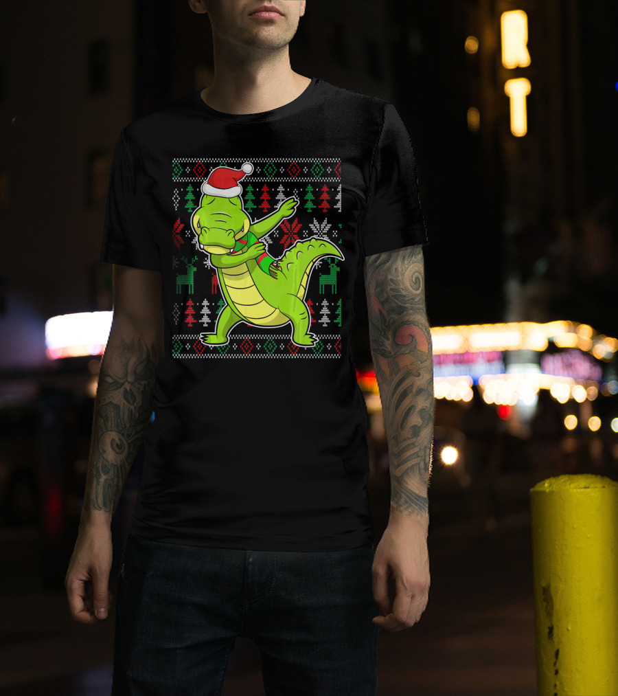 Ugly Christmas Dabbing Alligator Santa Hat Festive T-Shirt