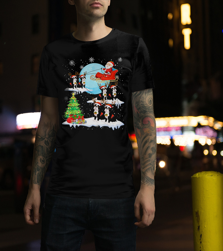 Santa Sleigh With Boston Terrier Reindeer And Christmas Tree T-Shirt