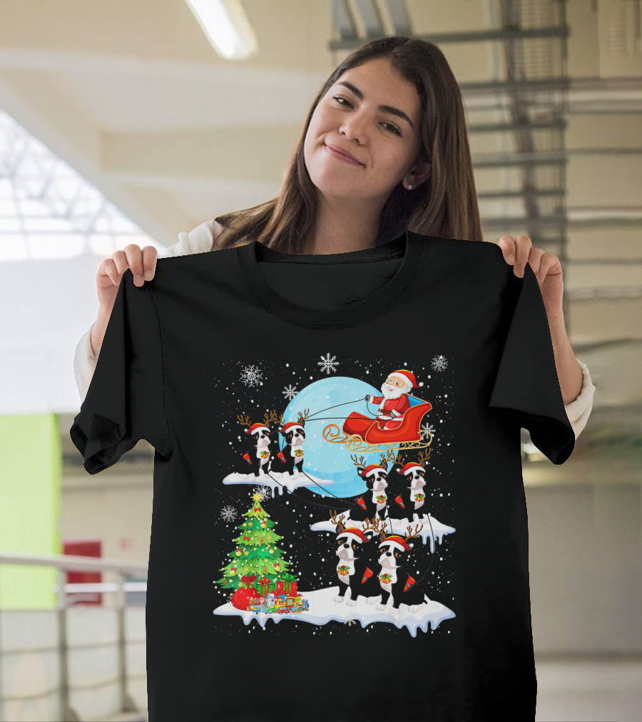 Santa Sleigh With Boston Terrier Reindeer And Christmas Tree T-Shirt