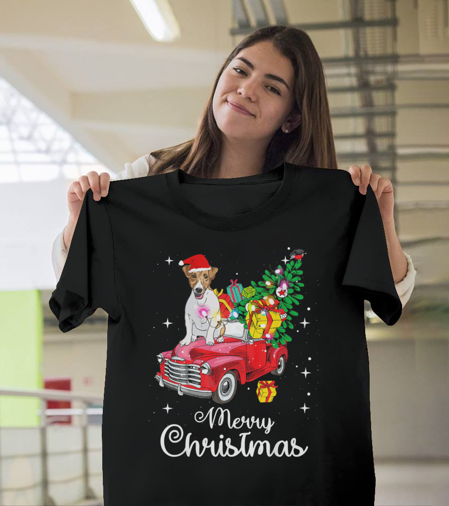 Merry Christmas Jack Russell Terrier Riding Red Truck With Gifts And Santa Hat T-Shirt
