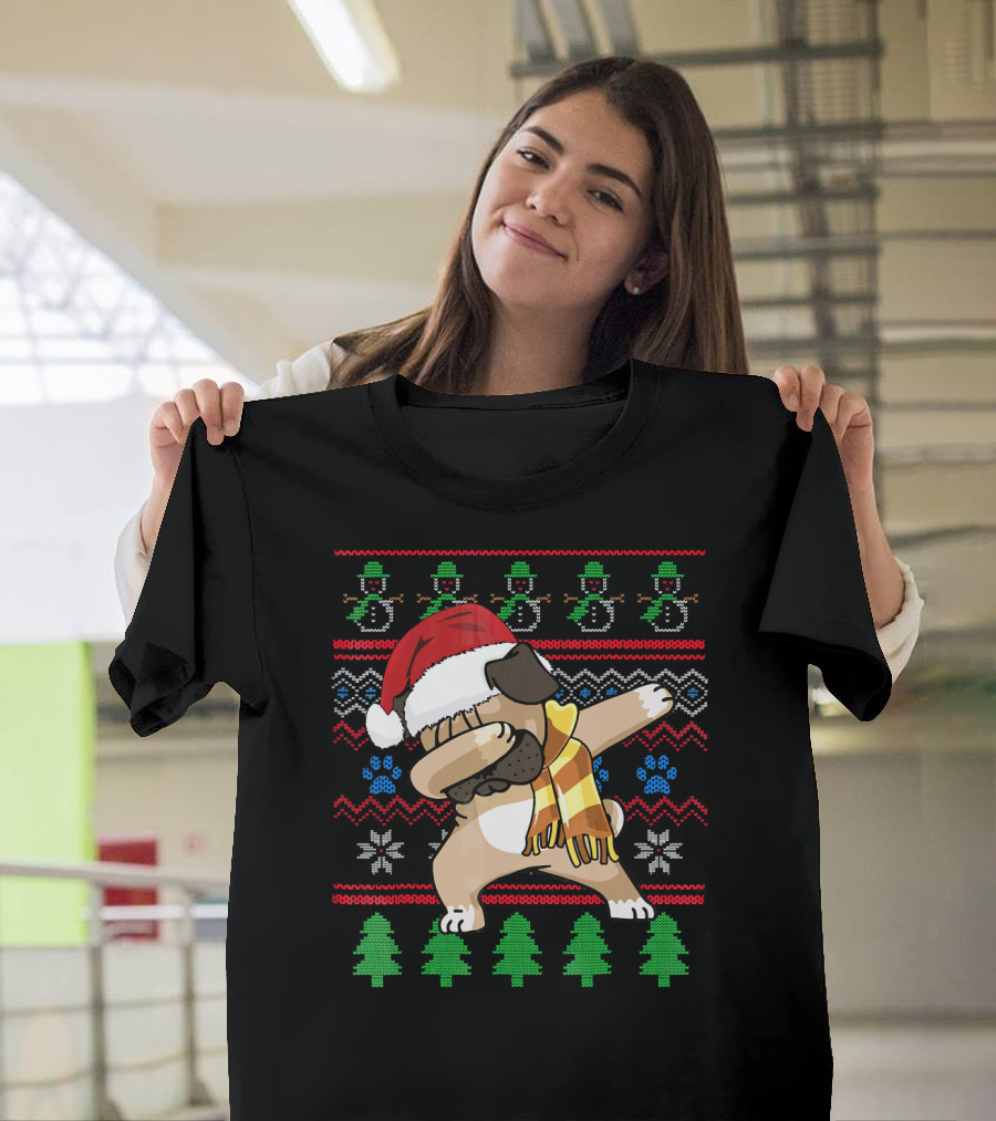 Pug Dabbing Santa Hat Christmas Snowman Tree Pattern UglyStyle T-Shirt