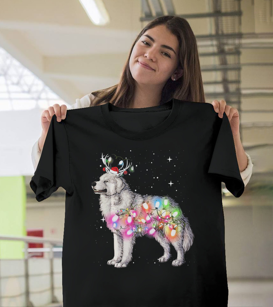 Christmas Lights Great Pyrenees With Reindeer Antlers And Santa Hat T-Shirt