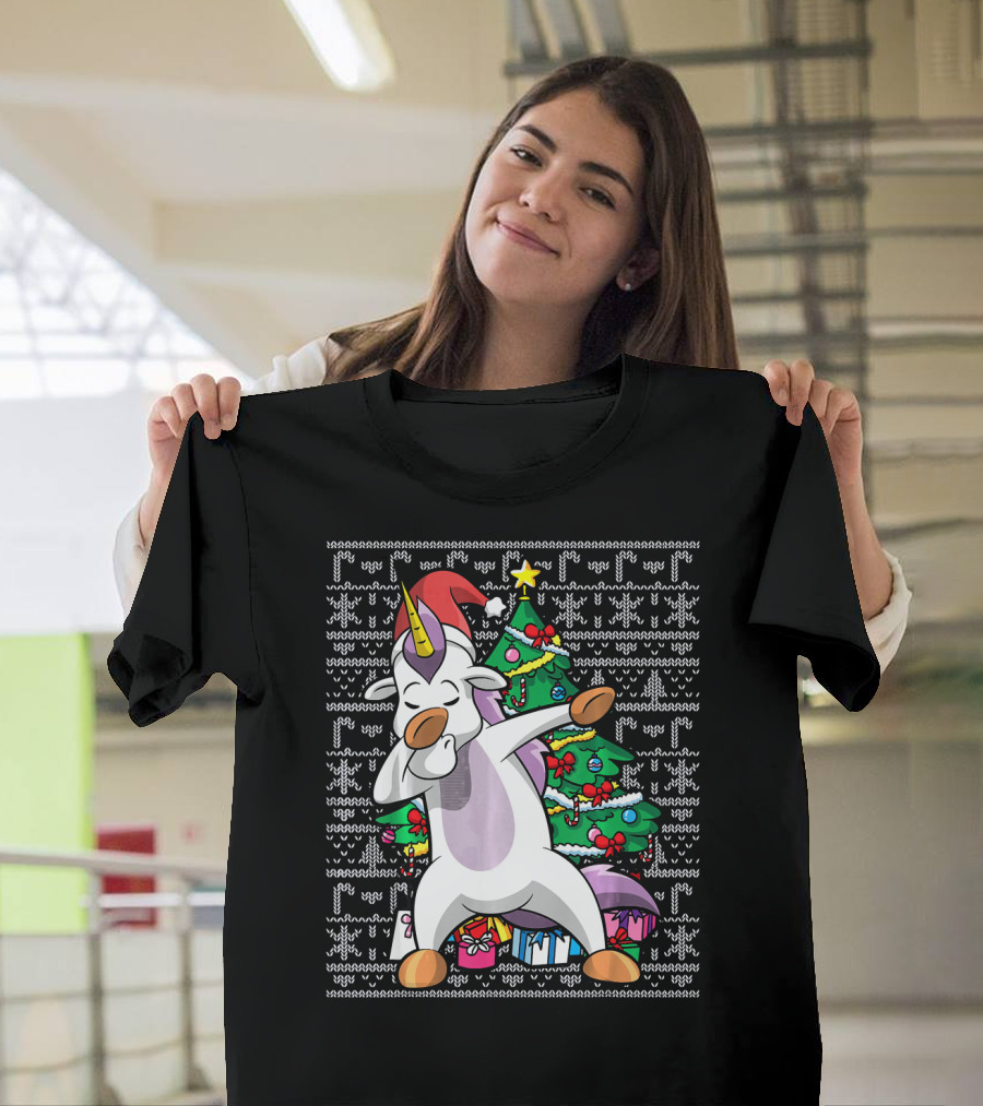 Unicorn Dabbing In Santa Hat By The Christmas Tree With Gifts T-Shirt