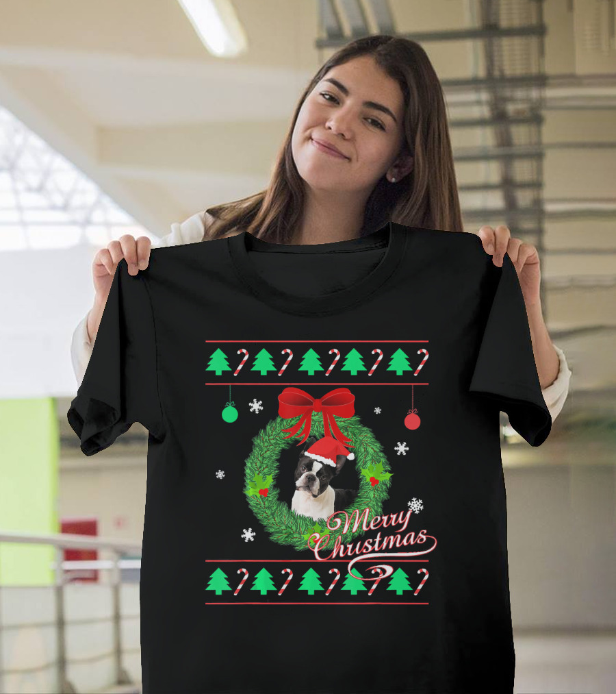 Merry Christmas Boston Terrier Wreath Candy Cane Trees T-Shirt
