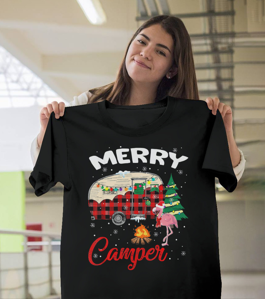 Merry Camper Christmas Camping Flamingo And Campfire Scene T-Shirt