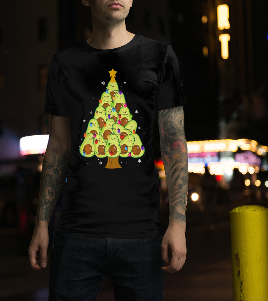 Avocado Christmas Tree With Colorful Lights Vegan Guac Green T-Shirt