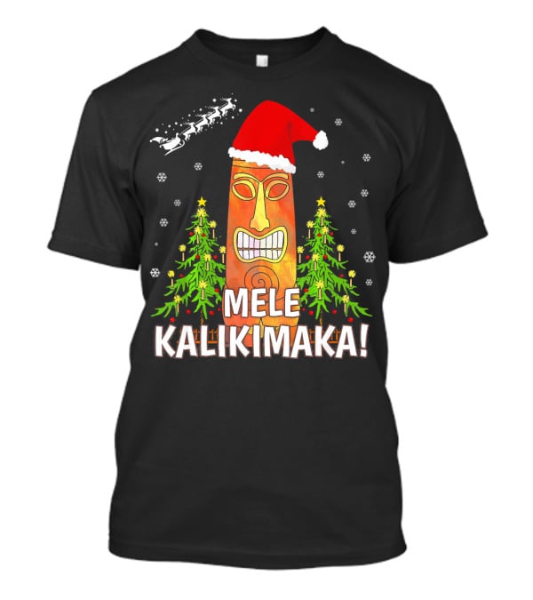 Mele Kalikimaka Santa Hat Tiki Christmas Trees Snowflakes Santa Sleigh T-Shirt