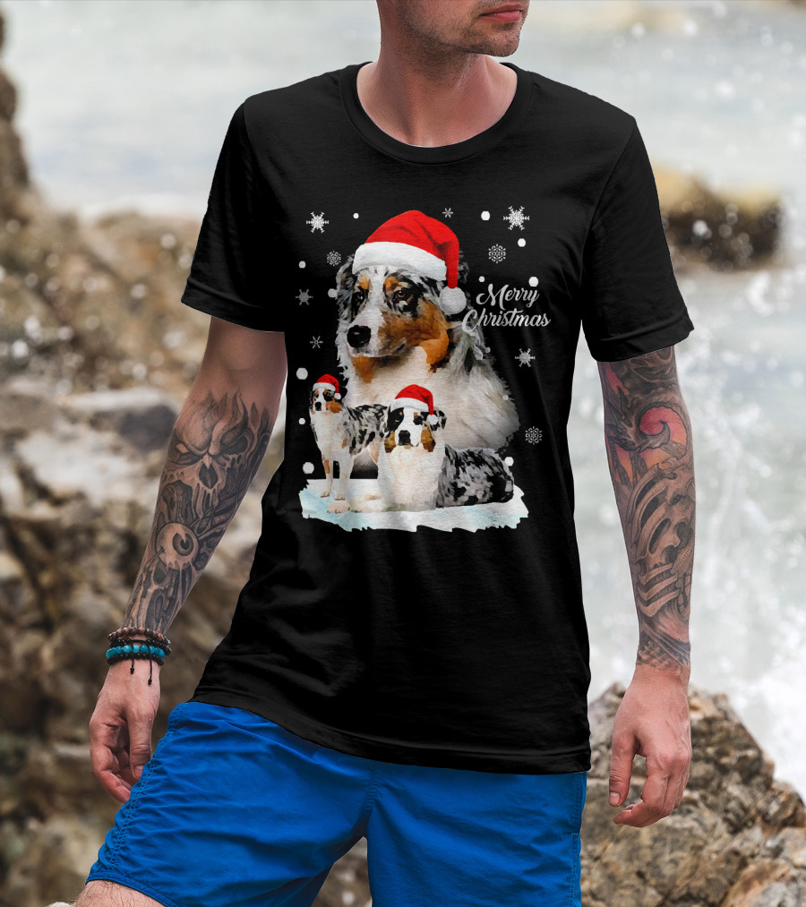 Australian Shepherds Merry Christmas Santa Hats Snowflakes T-Shirt