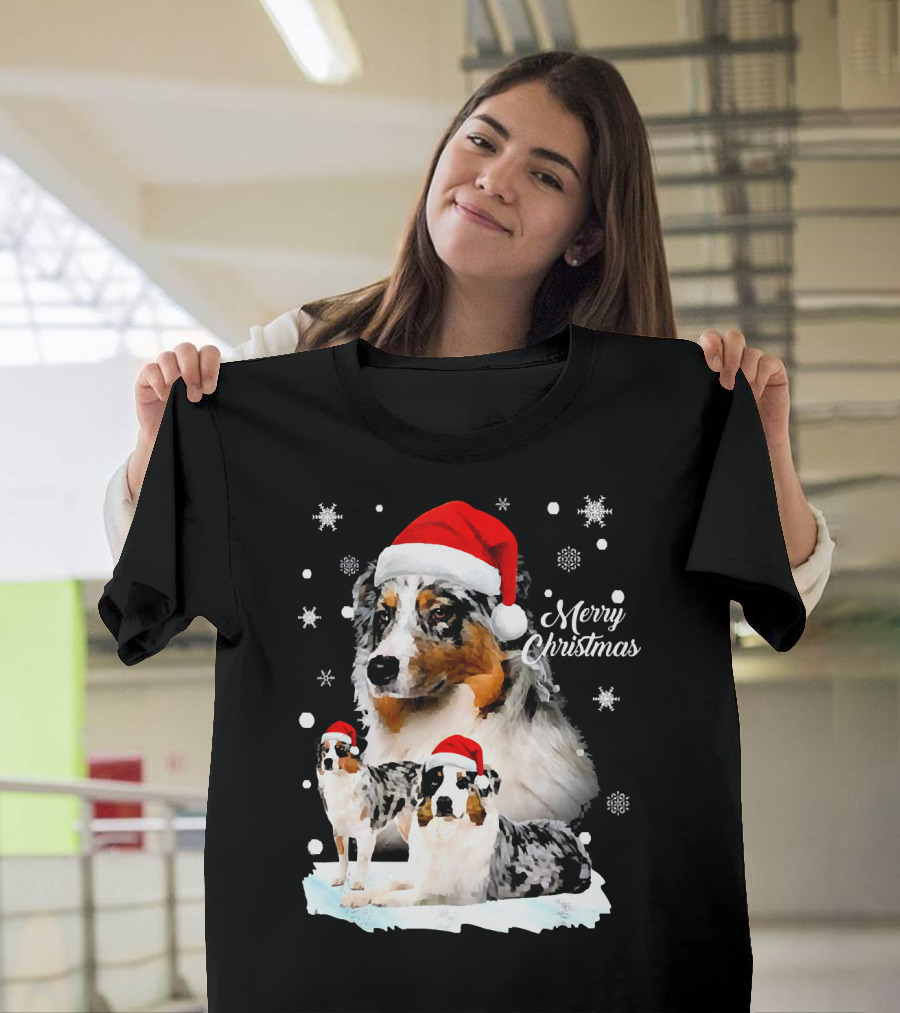 Australian Shepherds Merry Christmas Santa Hats Snowflakes T-Shirt
