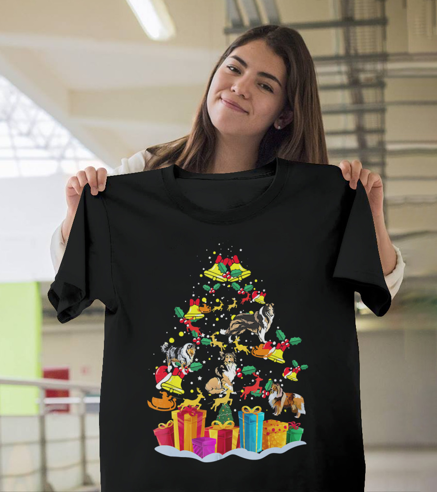 Rough Collie Christmas Tree Funny Reindeer Presents Holiday Bells T-Shirt