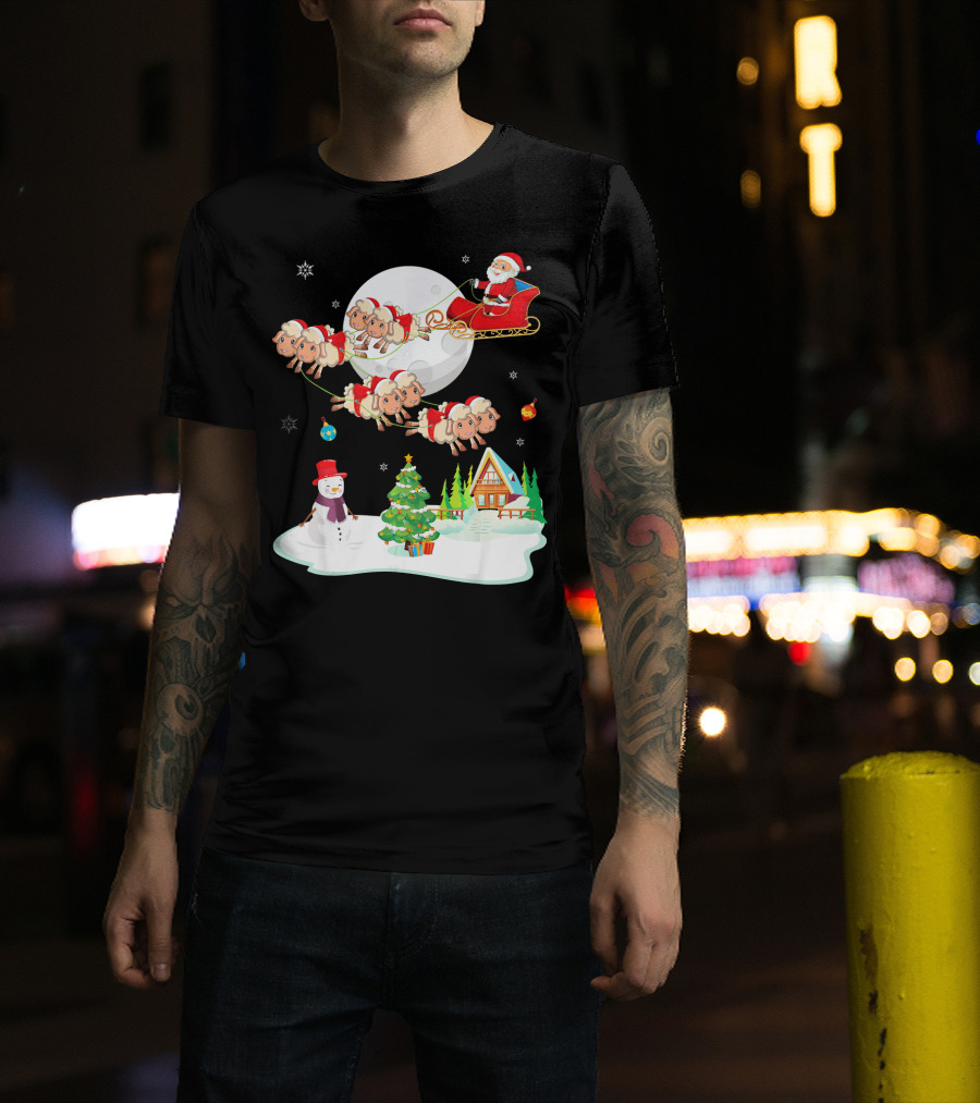 Santa Noel With Dancing Snowman And Sheep Sleigh By Moon T-Shirt