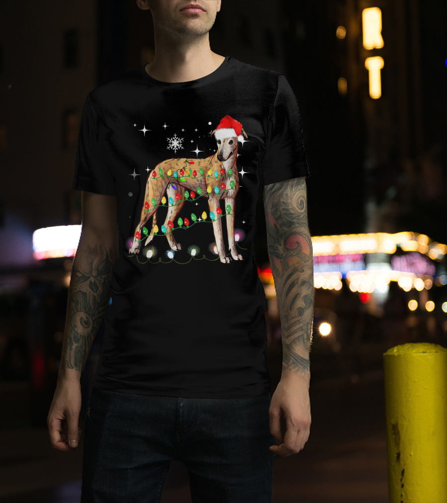 Greyhound Dog With Christmas Lights And Santa Hat T-Shirt