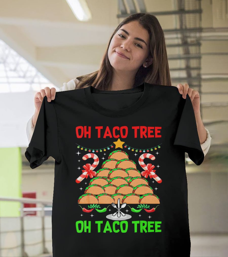 Oh Taco Tree Christmas Candy Cane Funny Party T-Shirt