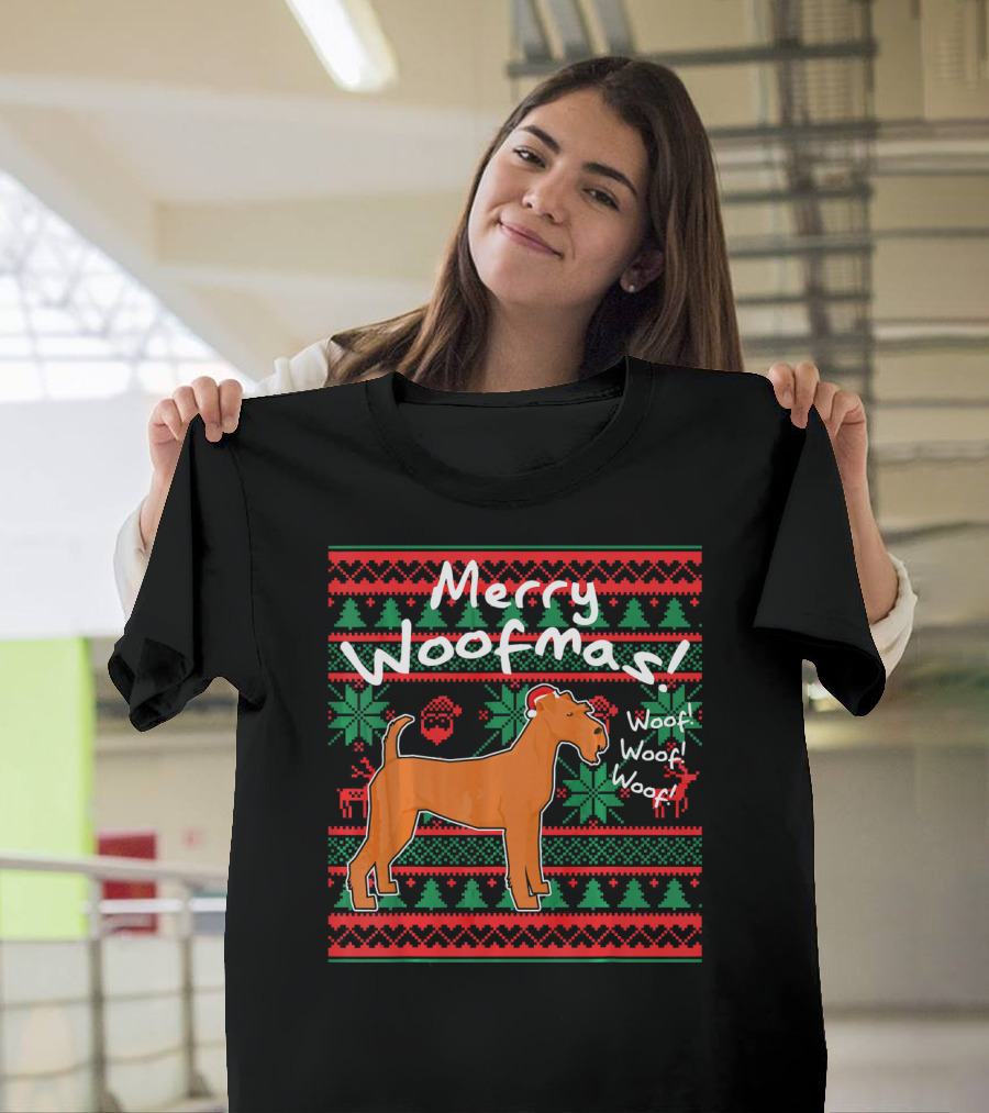 Merry Woofmas Irish Terrier Dog Woof Woof Santas Hat Fair Isle Pattern Sweater Holiday T-Shirt